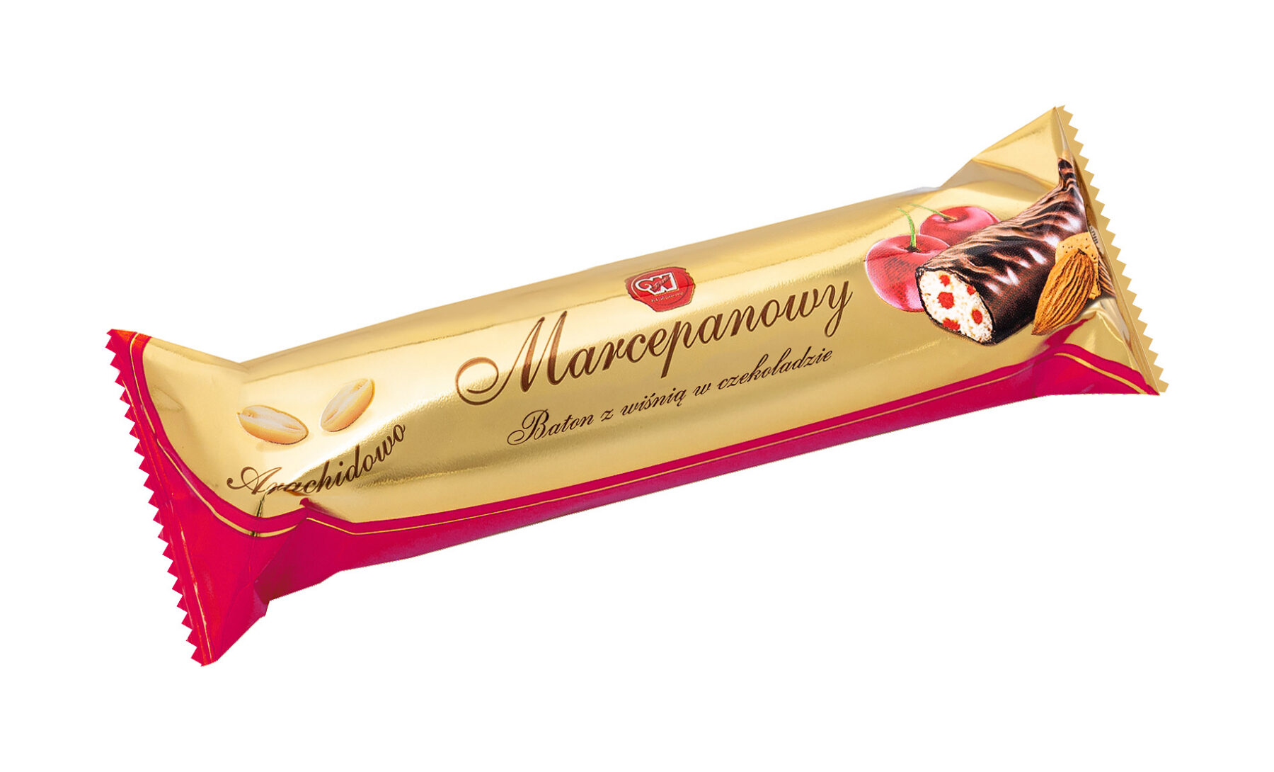 Baton arachidowo-marcepanowy z wiśnią w czekoladzie deserowej